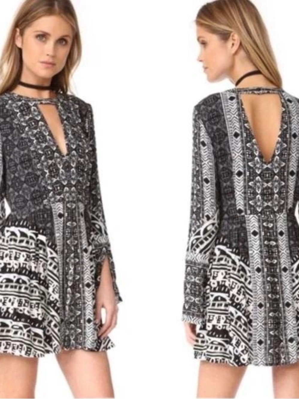 Free People Black & White Printed V-Neck Mini Dress